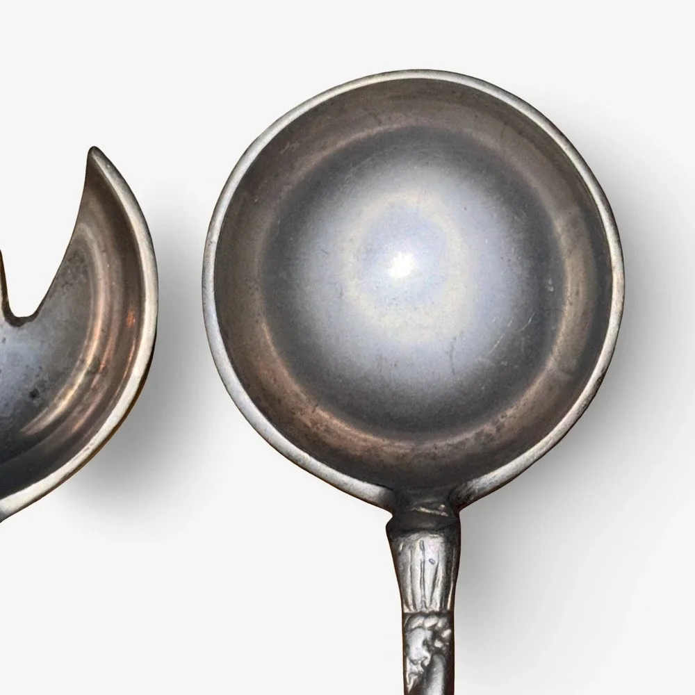 Artesanías de México Mexican Pewter Salad Utensils Silver Rope Hand Finished 90s